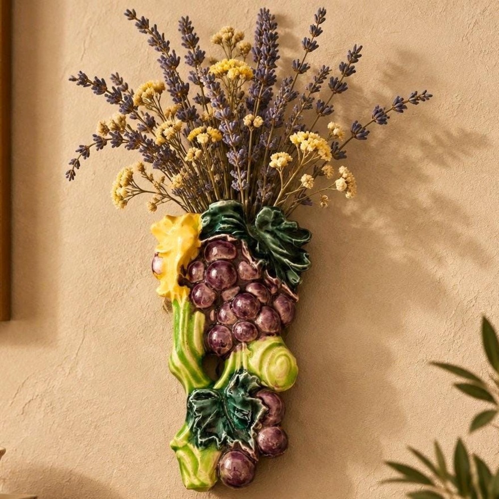 Wall-Mounted Ceramic Grapes Wall Pocket Vase Planter Vintage Japan